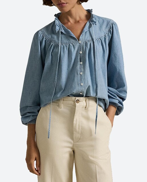 Imagen 0 de Camisa de mujer de algodón con lazo en el cuello