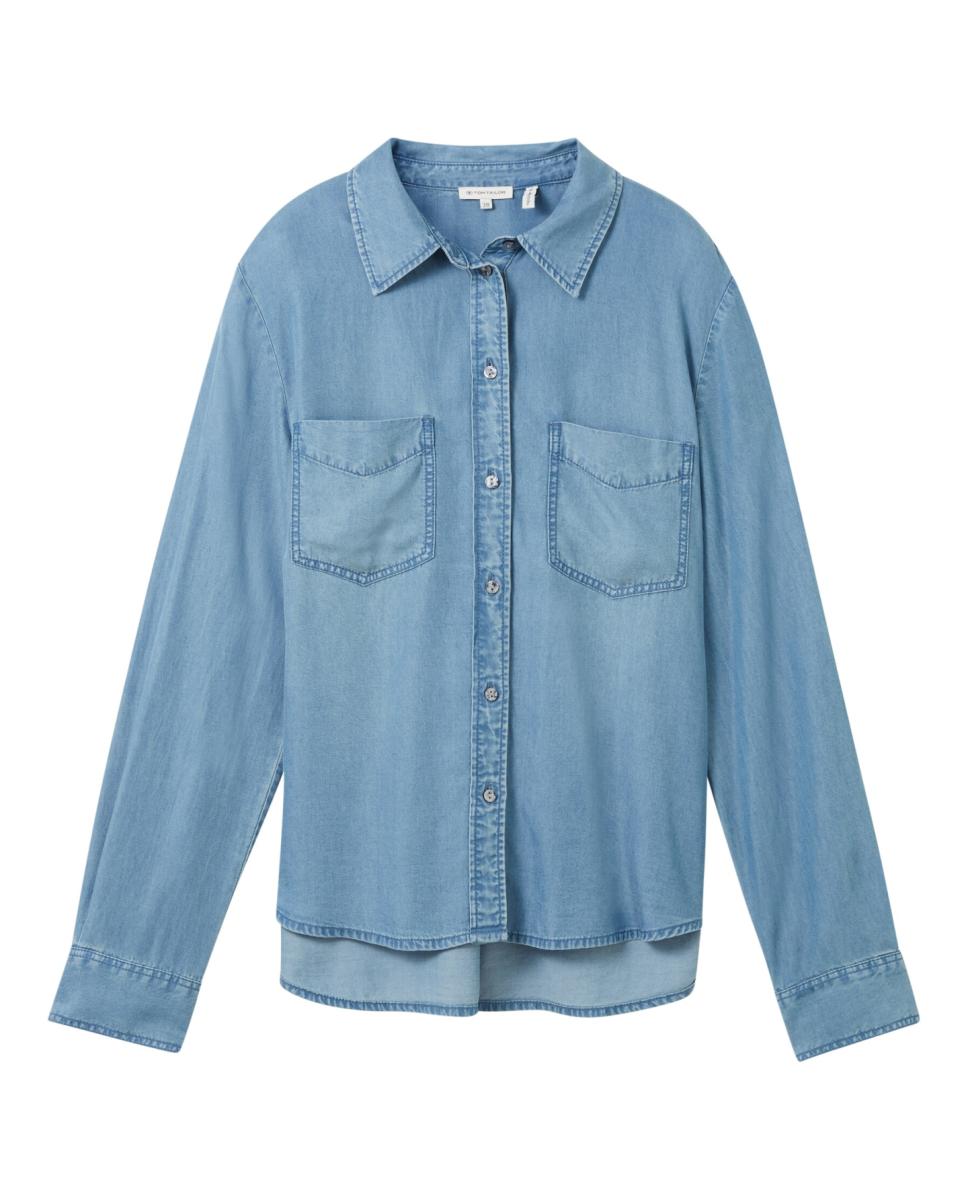 Imagen 0 de Camisa vaquera de manga larga de mujer con cuello clásico y diseño liso