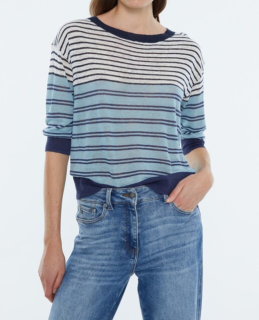 Imagen 0 de Jersey de mujer en rayas de punto fino, escote redondo, manga francesa.