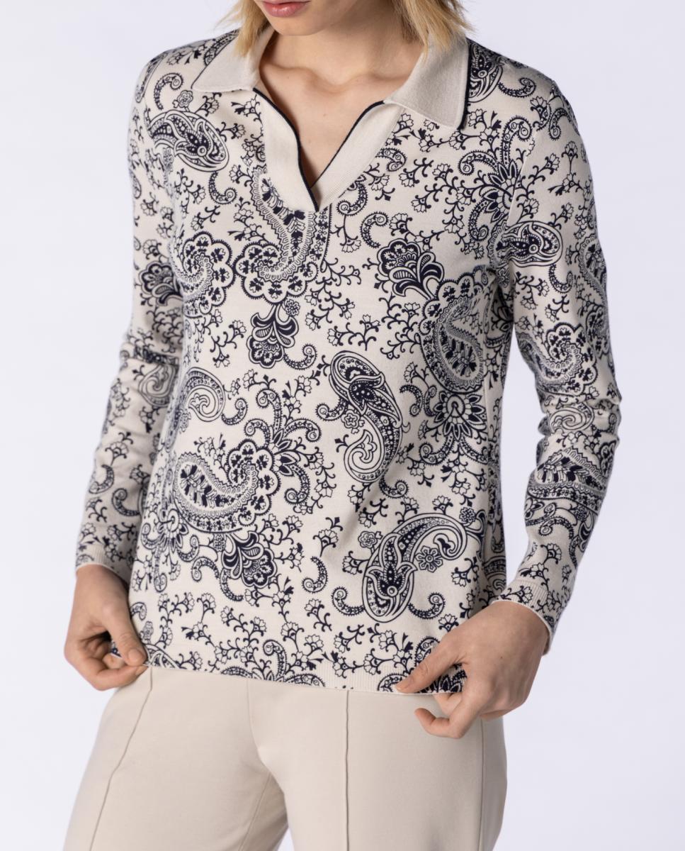 Imagen 0 de Polo de mujer de manga larga en punto estampado paisley.