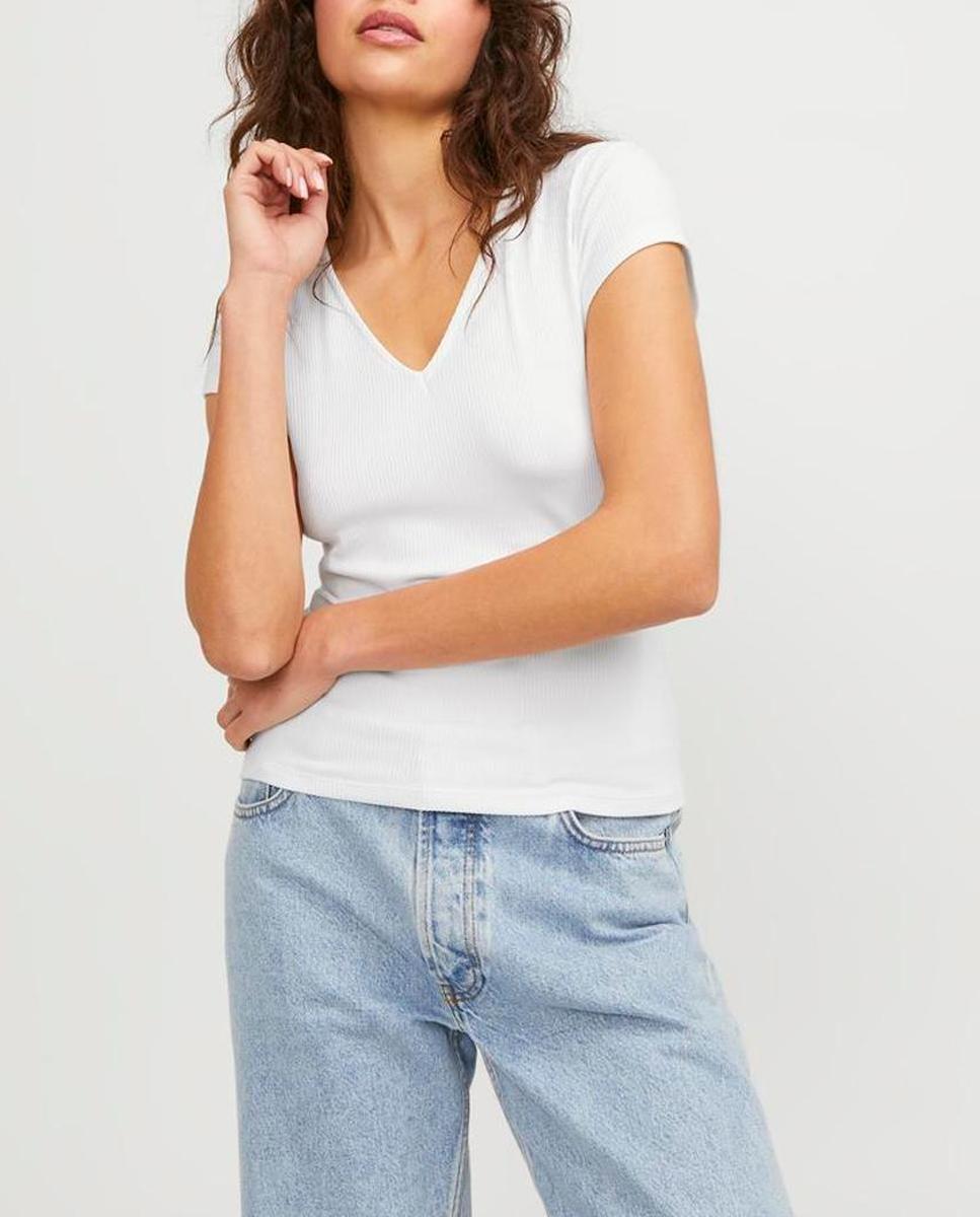 Imagen 0 de Camiseta de mujer acanalada con cuello pico