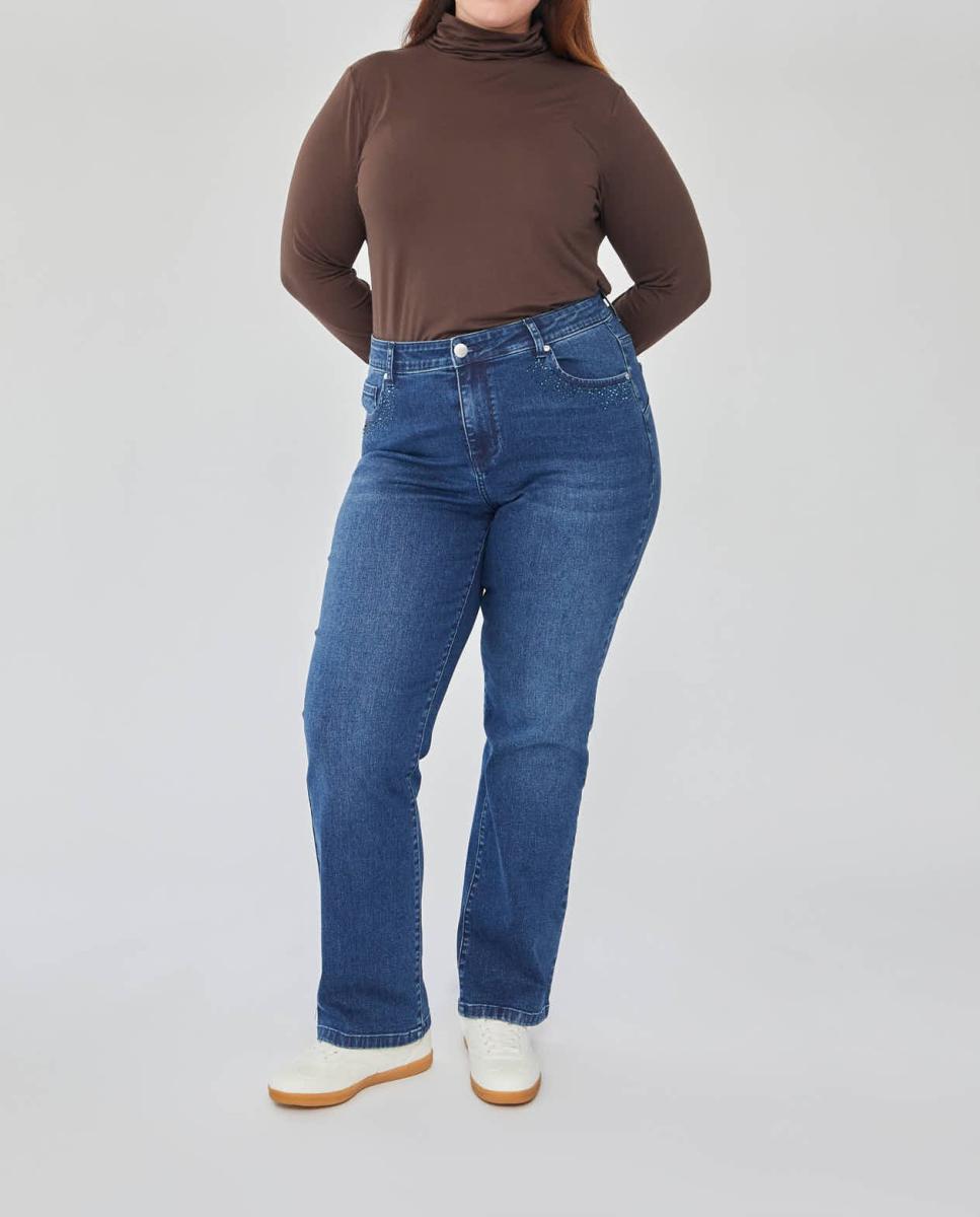Imagen 0 de Pantalon denim push up con detalle de brillos en bolsillos