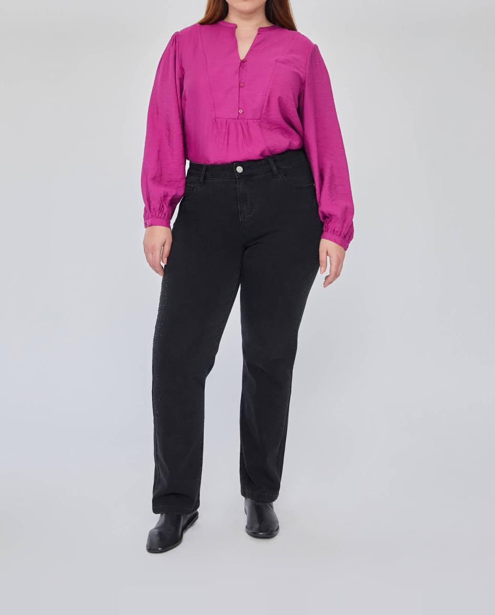 Imagen 0 de Pantalon denim recto con detalle strass en lateral