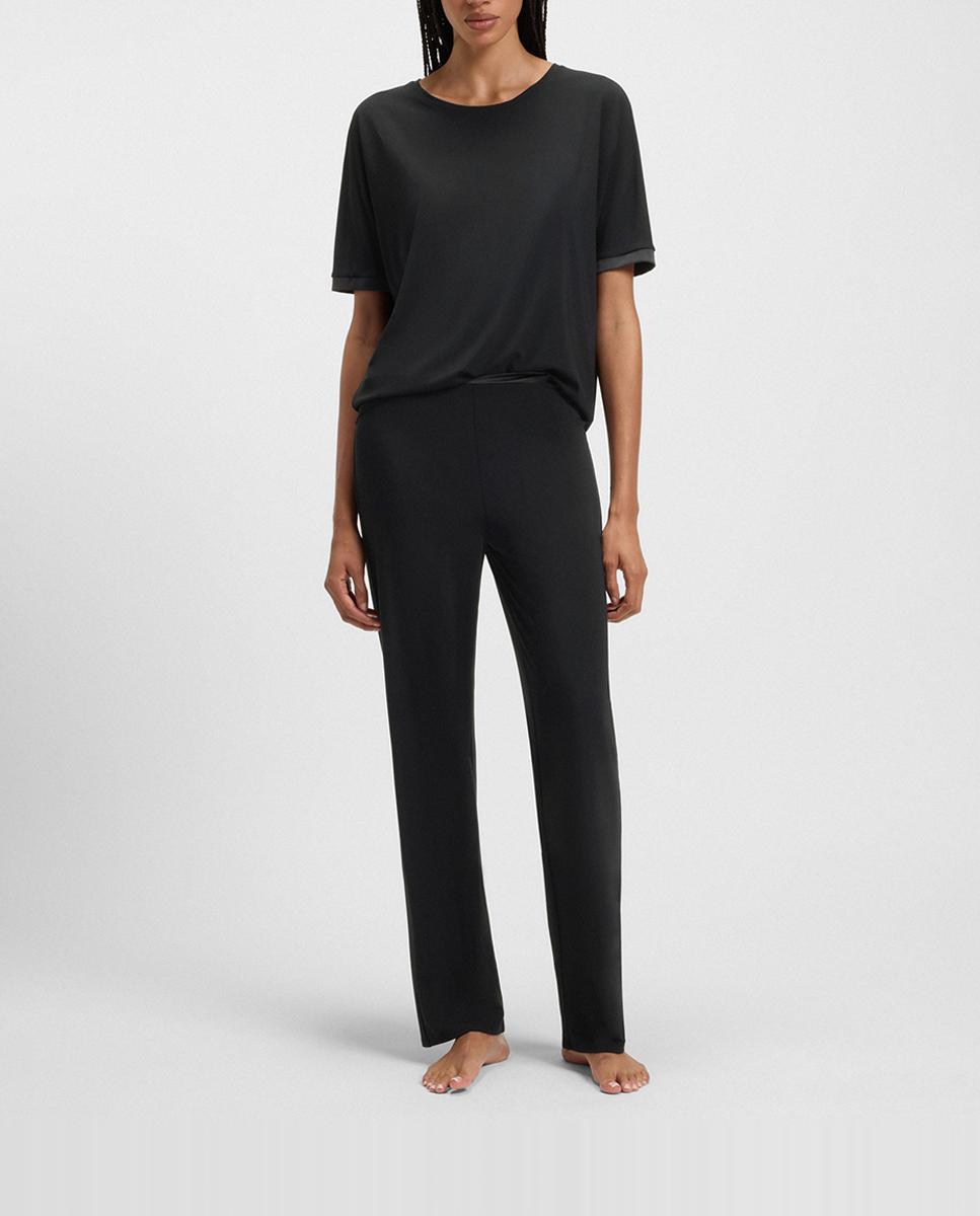 Imagen 0 de Pantalón ancho cinturilla elástica color negro con estampado de logotipo efecto perla.