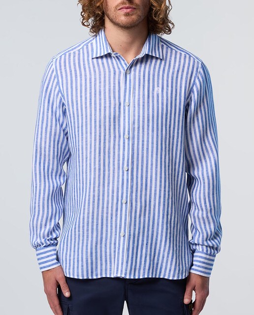 Imagen 0 de Camisa de hombre en lino a rayas con cuello abierto