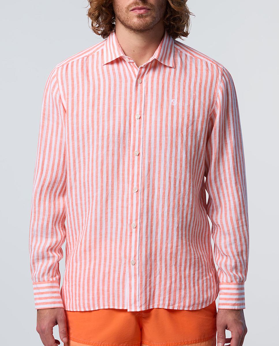 Imagen 0 de Camisa de hombre en lino a rayas con cuello abierto