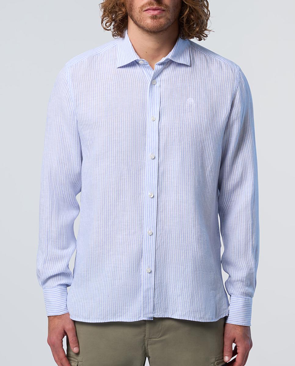 Imagen 0 de Camisa de hombre en lino a rayas con cuello abierto