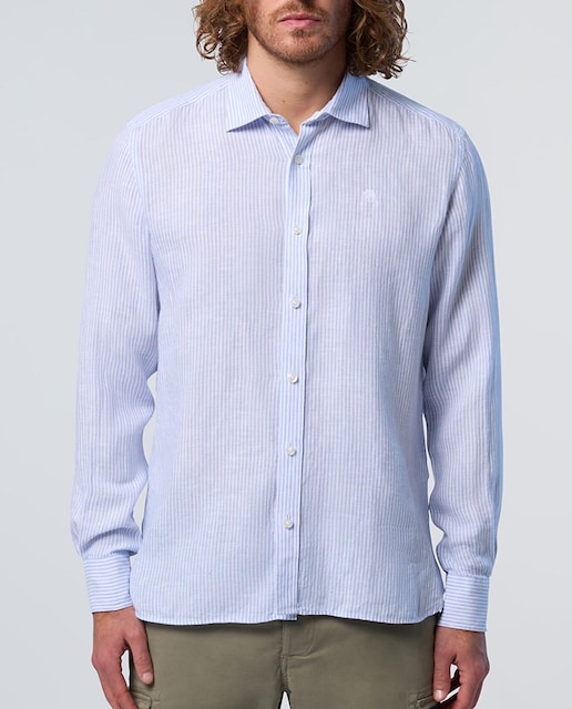 Imagen 0 de Camisa de hombre en lino a rayas con cuello abierto
