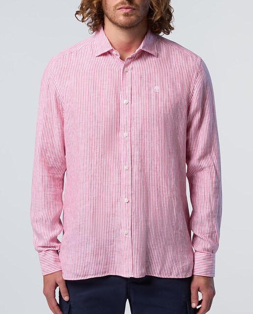 Imagen 0 de Camisa de hombre en lino a rayas con cuello abierto