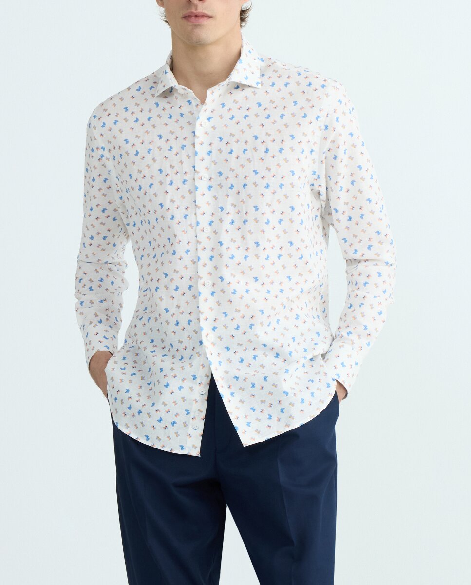 Imagen 0 de Camisa de hombre regular con estampado de mariposas en lino algodón