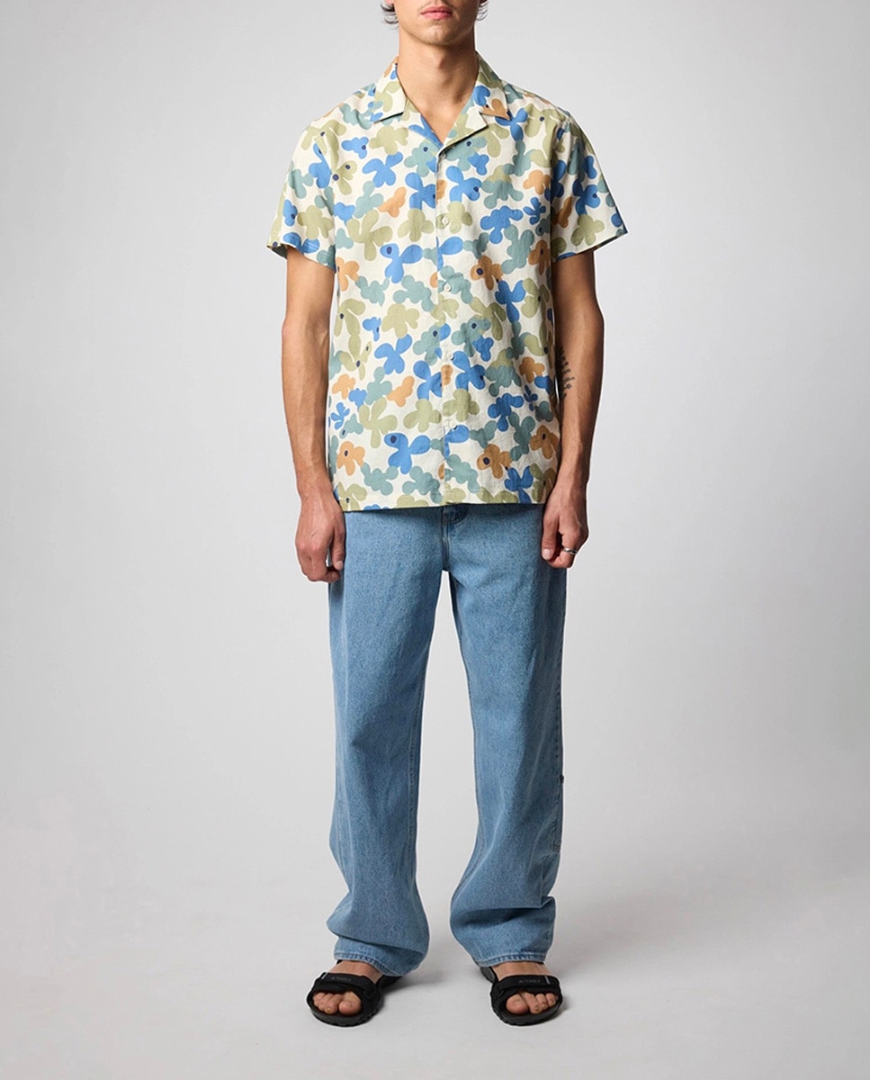 Imagen 0 de Camisa estampada de manga corta de lino y algodón de hombre