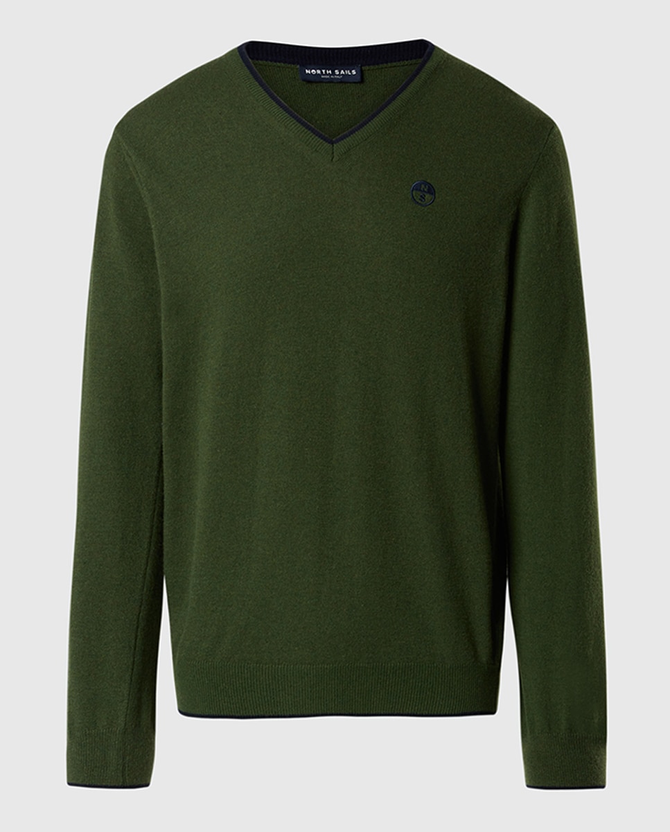 Imagen 0 de Jersey de pico en cashmere reciclado con vivos en contraste y logo bordado.