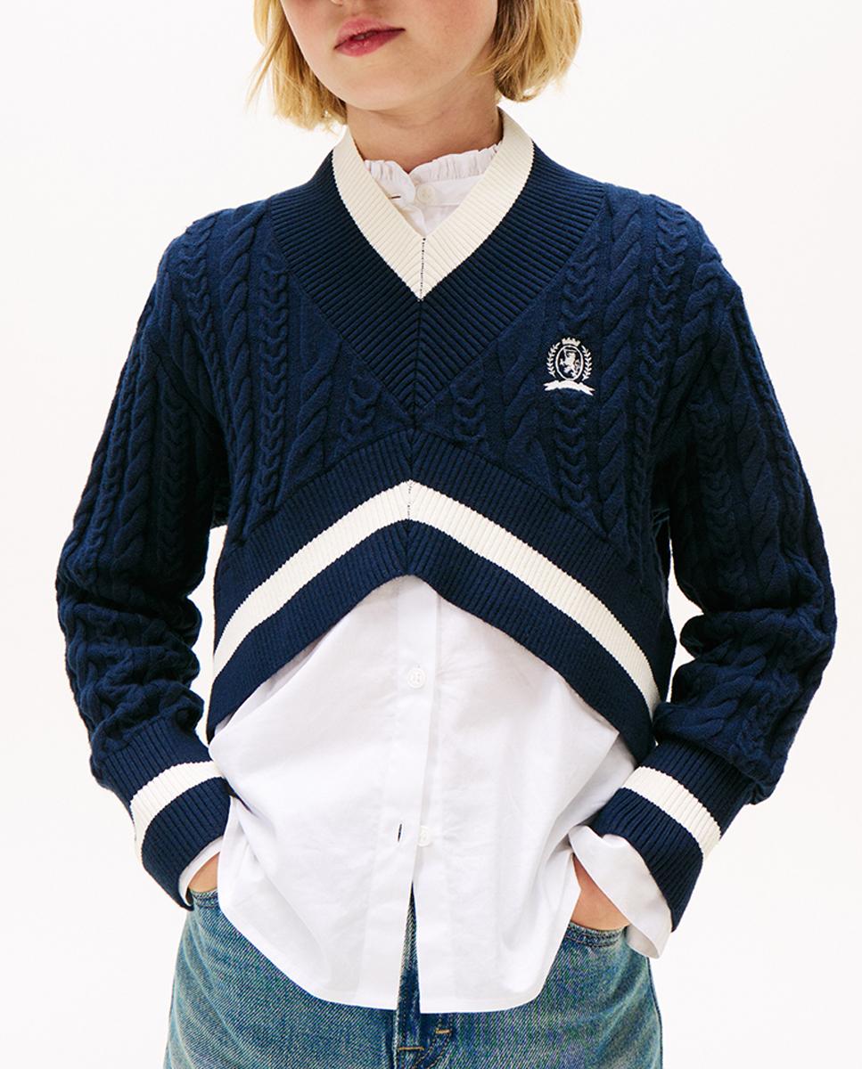 Imagen 0 de Jersey de niña de cable con cuello pico y diseño cropped