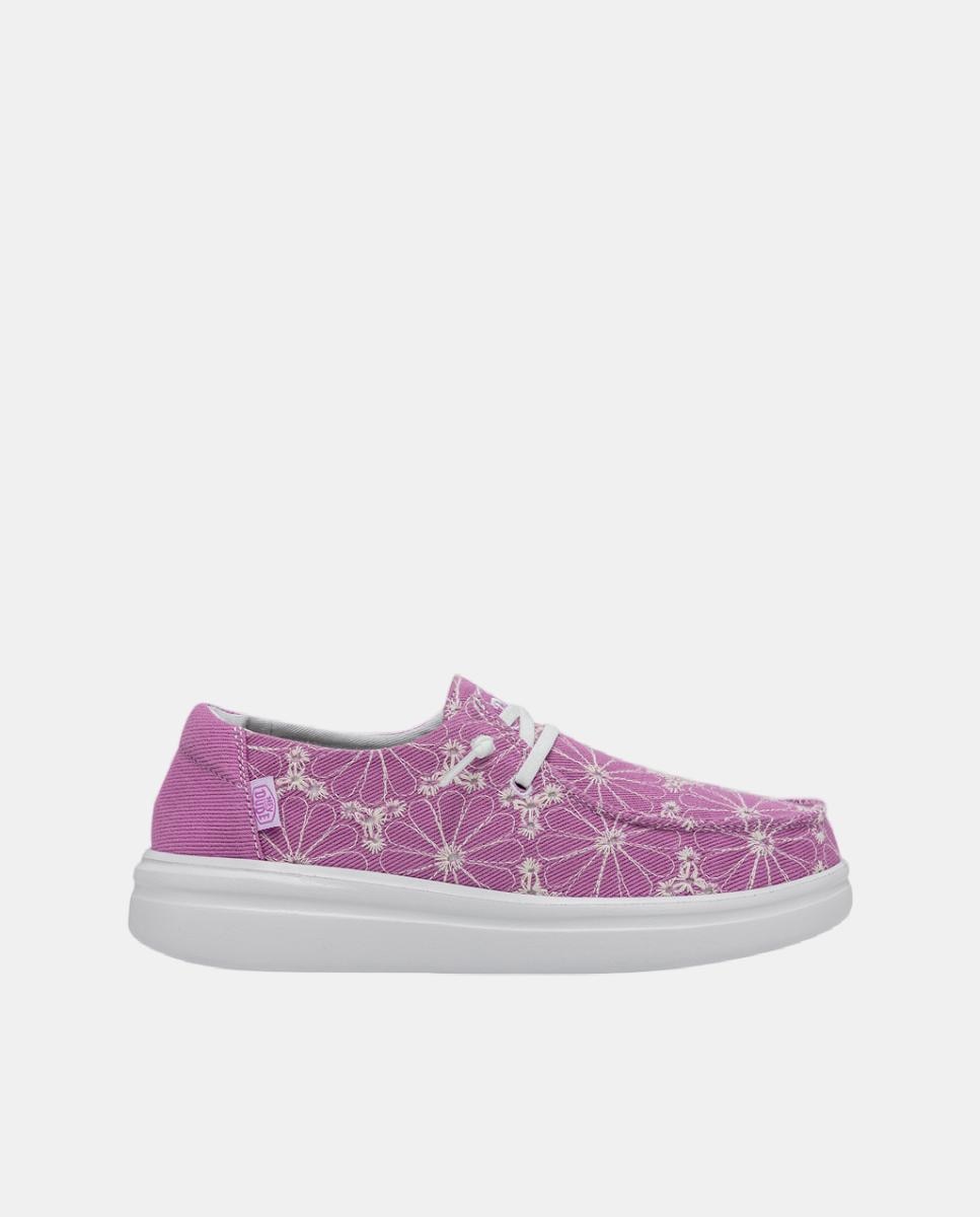 Imagen 0 de Mocasín para mujer de lona con bordado floral y plataforma ligera.