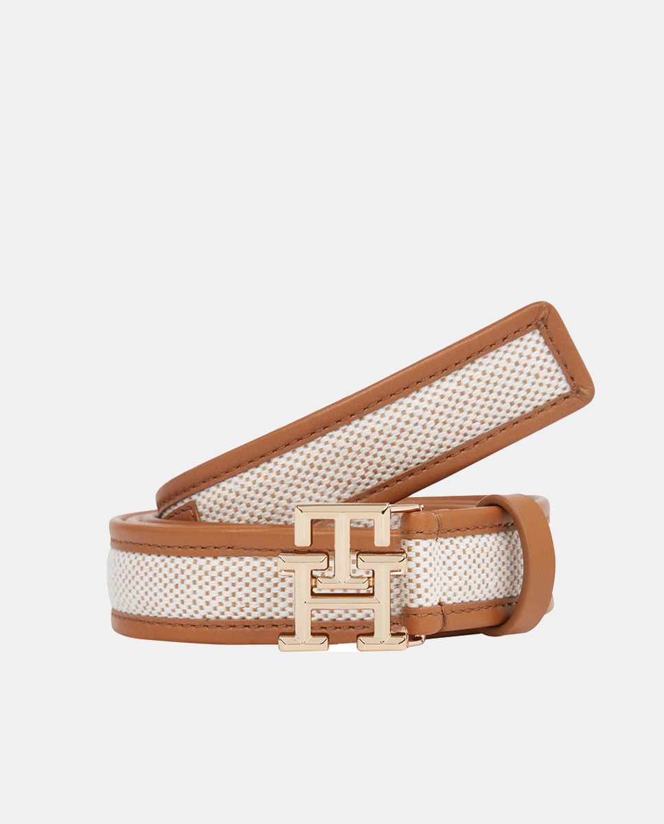 Imagen 0 de Cinturón de piel de mujer combinado en color marrón y beige con hebilla del logotipo
