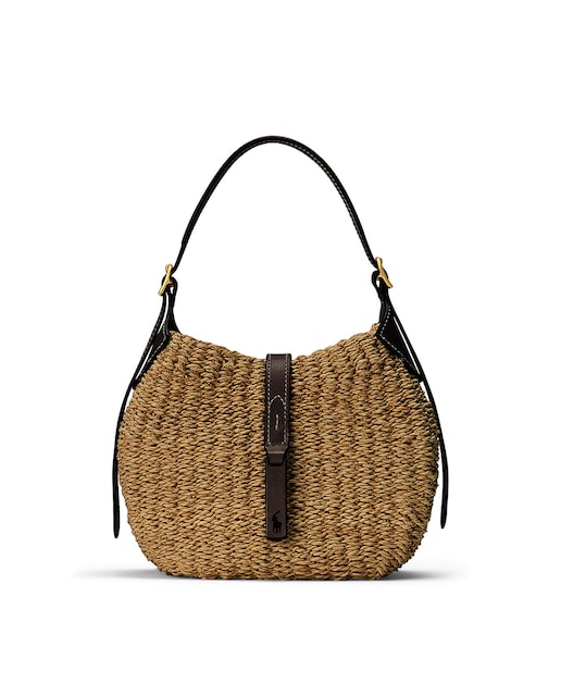 Imagen 0 de Bolso de hombro de rafia con asa de piel