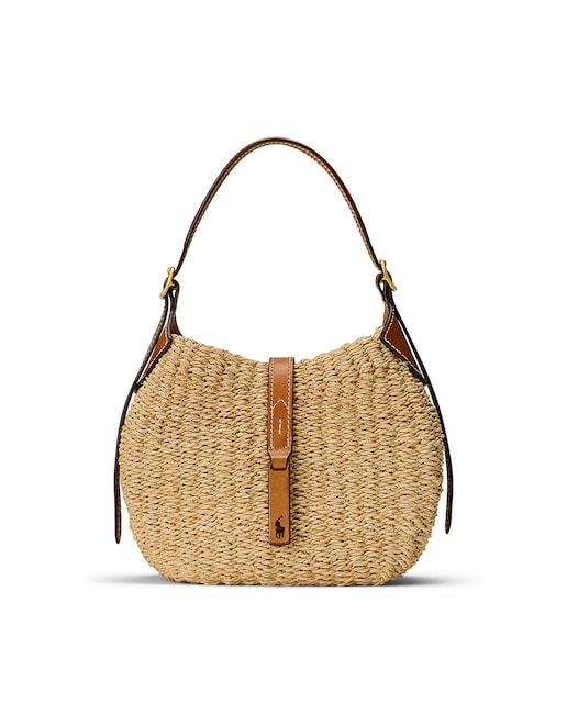 Imagen 0 de Bolso de hombro de rafia con asa de piel