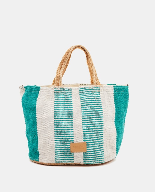Imagen 0 de Bolso de playa mediano de yute a rayas en turquesa con cremallera