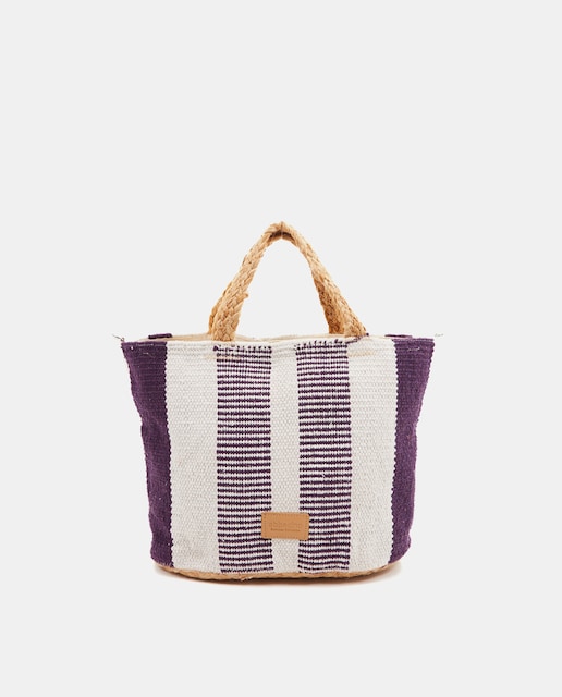 Imagen 0 de Bolso de playa mediano de yute a rayas en lila con cremallera