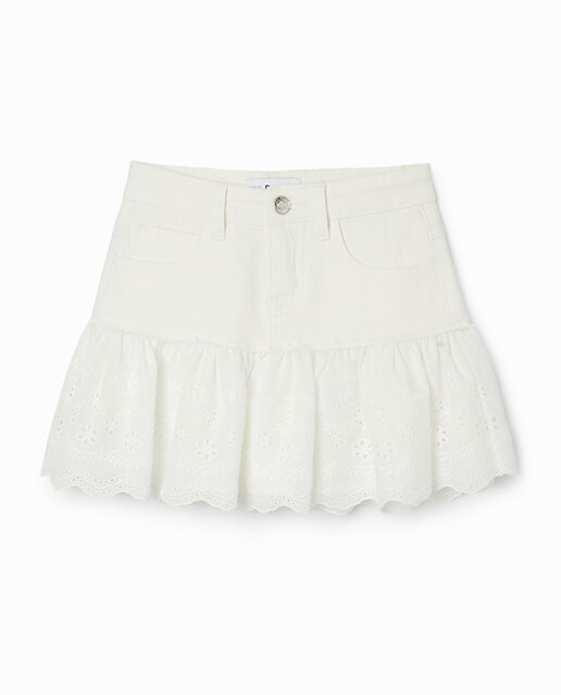 Imagen 0 de Minifalda vaquera volante bordado suizo