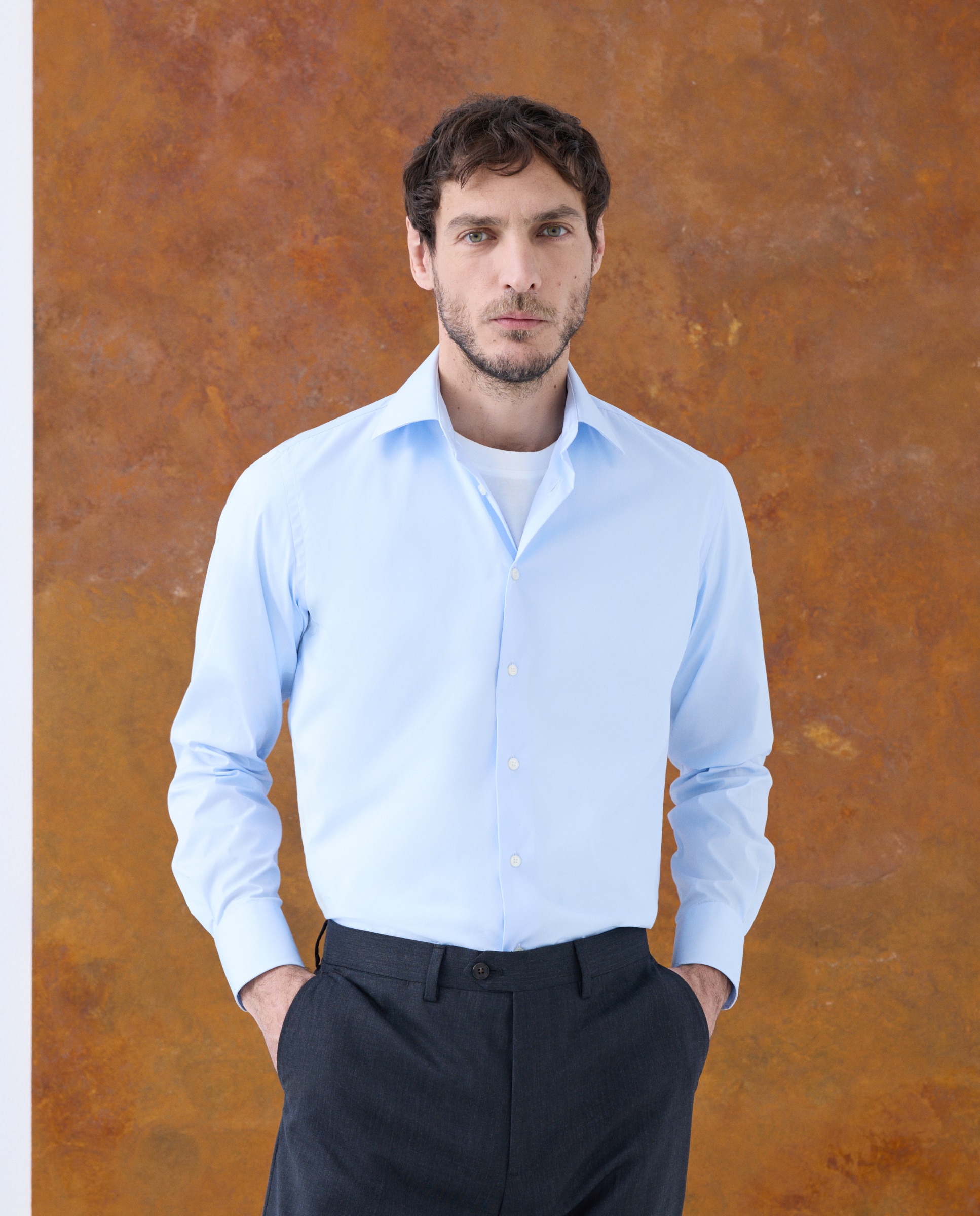 Camisa Clássica Lisa de Popelina Azul-1
