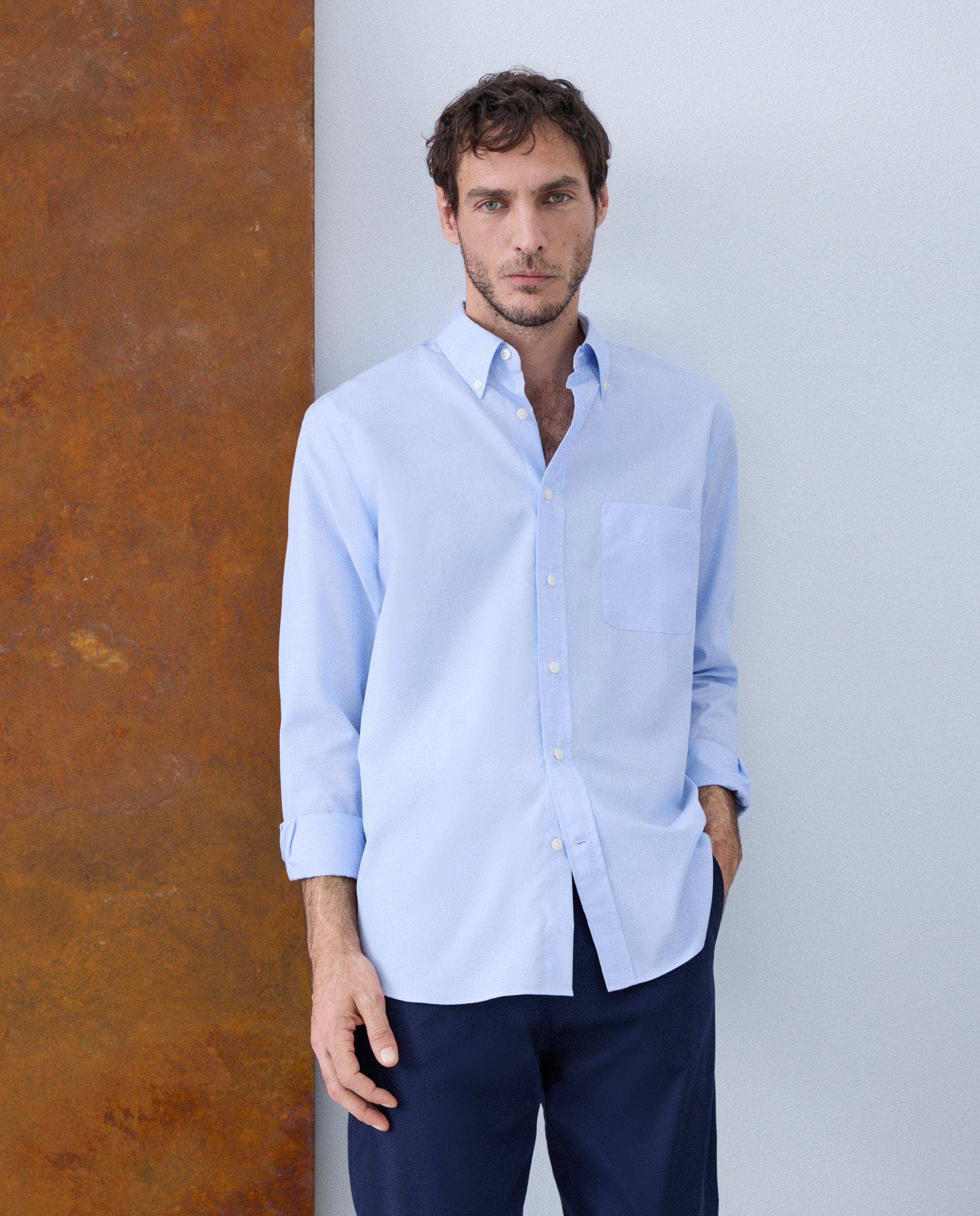 Camisa Casual de Manga Comprida Azul-1