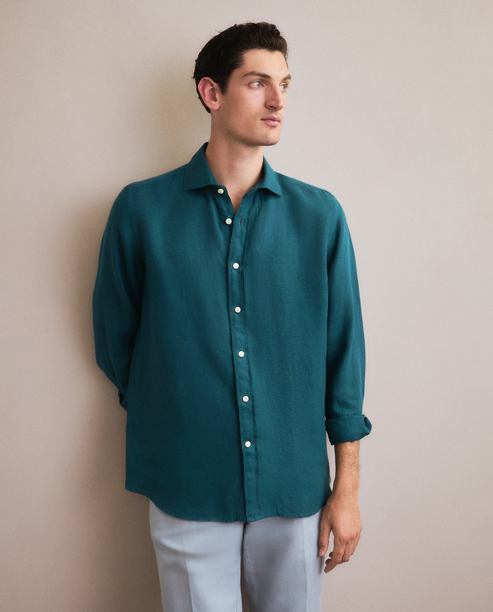 Camisa Casual 100% Linho com Manga Comprida Verde-1