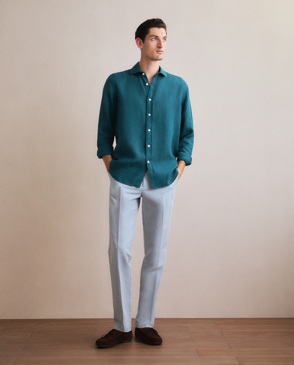 Camisa Casual 100% Linho com Manga Comprida Verde-2