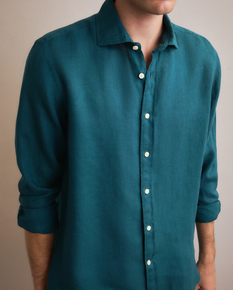 Camisa Casual 100% Linho com Manga Comprida Verde-3