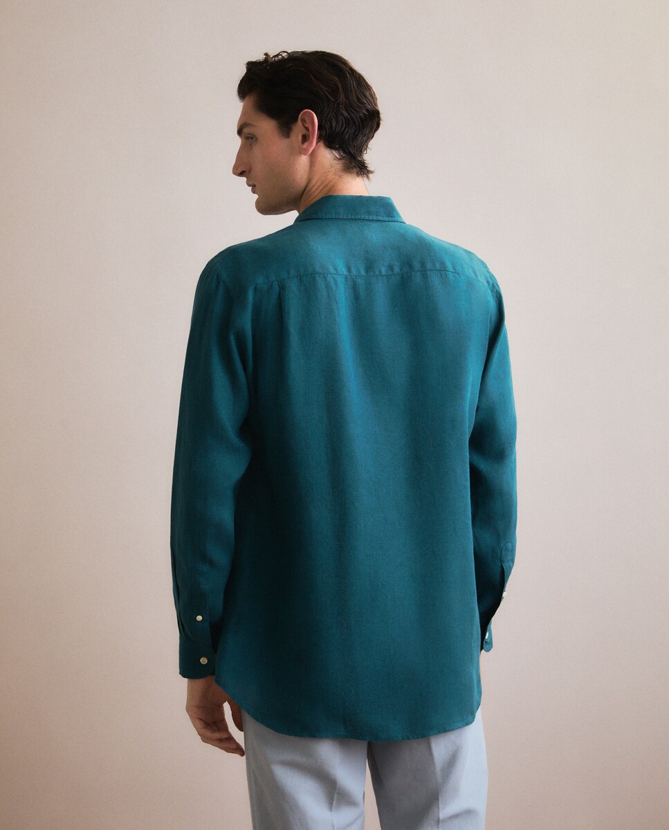 Camisa Casual 100% Linho com Manga Comprida Verde-4