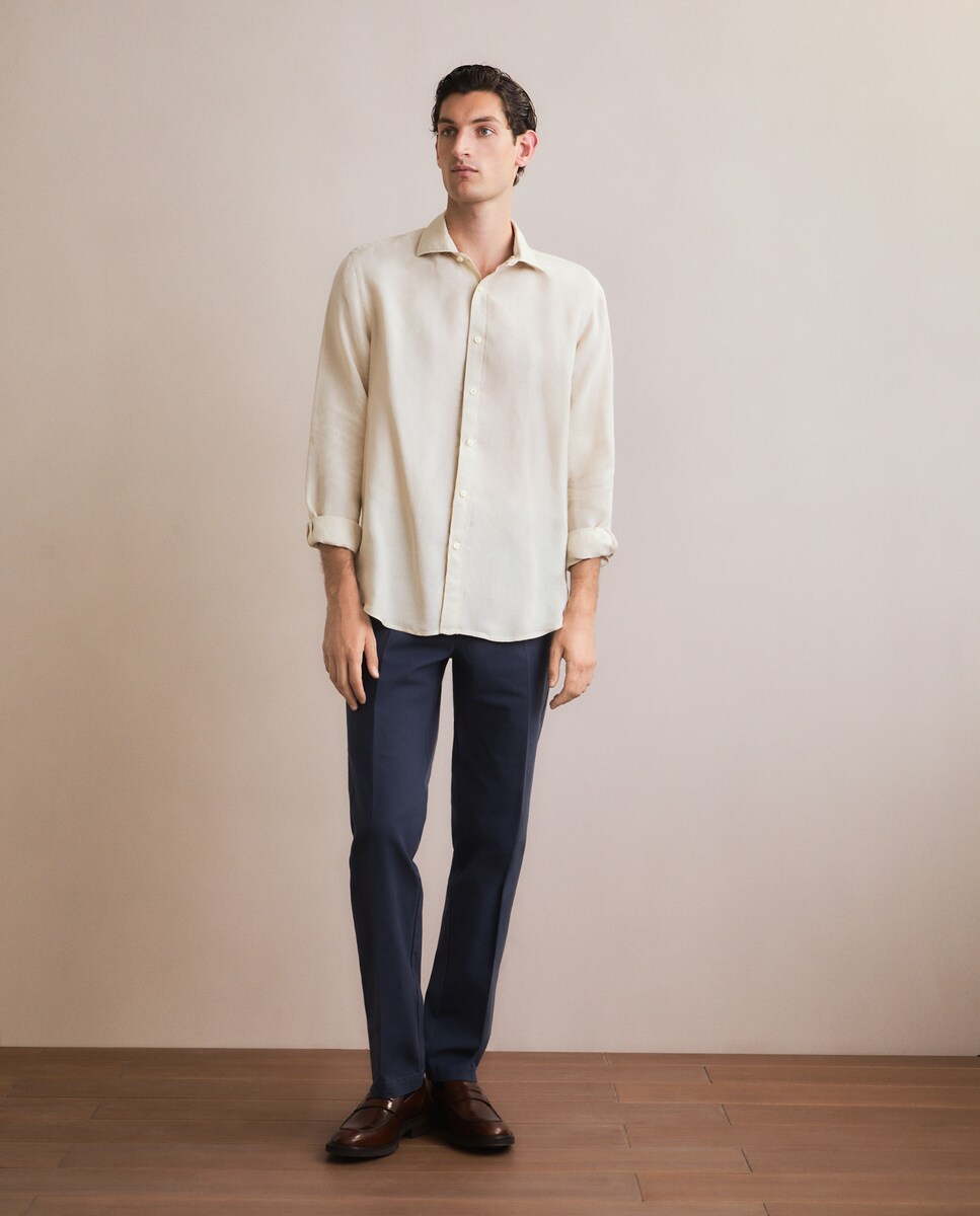 Camisa Casual 100% Linho com Manga Comprida Bege-2