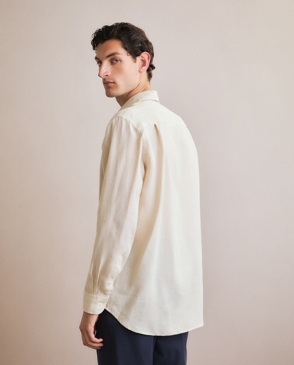 Camisa Casual 100% Linho com Manga Comprida Bege-3