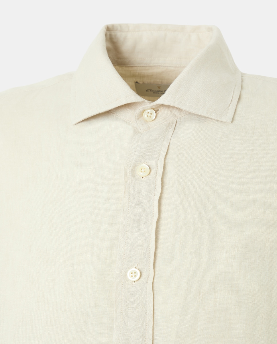 Camisa Casual 100% Linho com Manga Comprida Bege-5