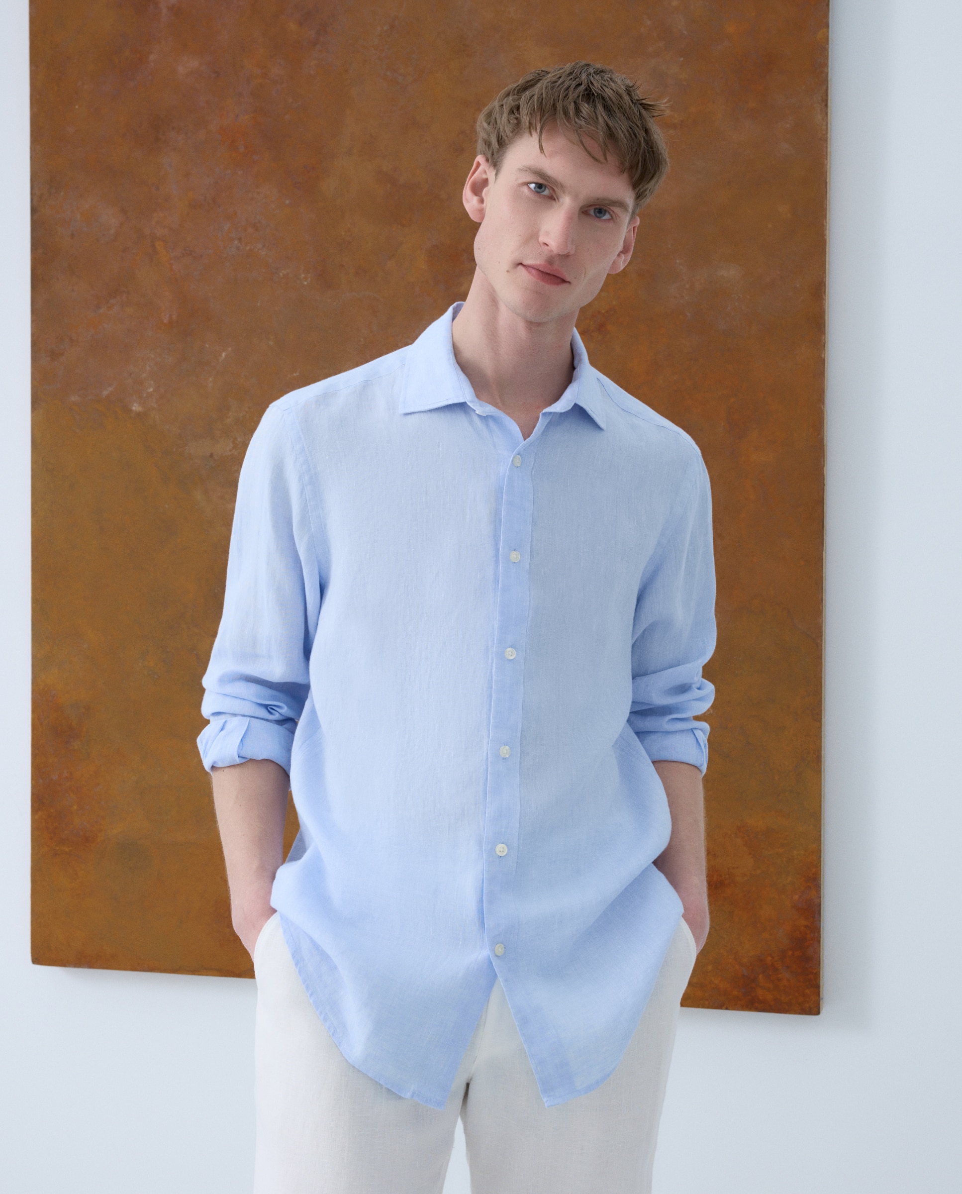 Camisa de Linho Lisa Azul-claro-1
