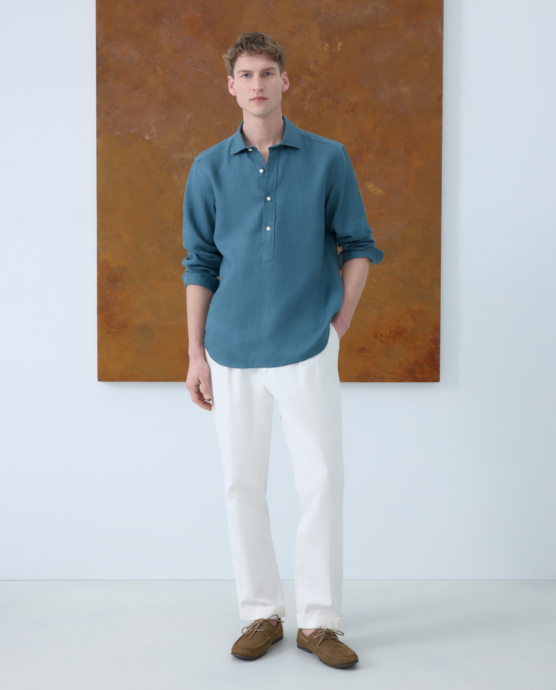 Imagen 2 de Camisa polera 100% lino de hombre - Emidio Tucci - Verde Agua 490 Petróleo