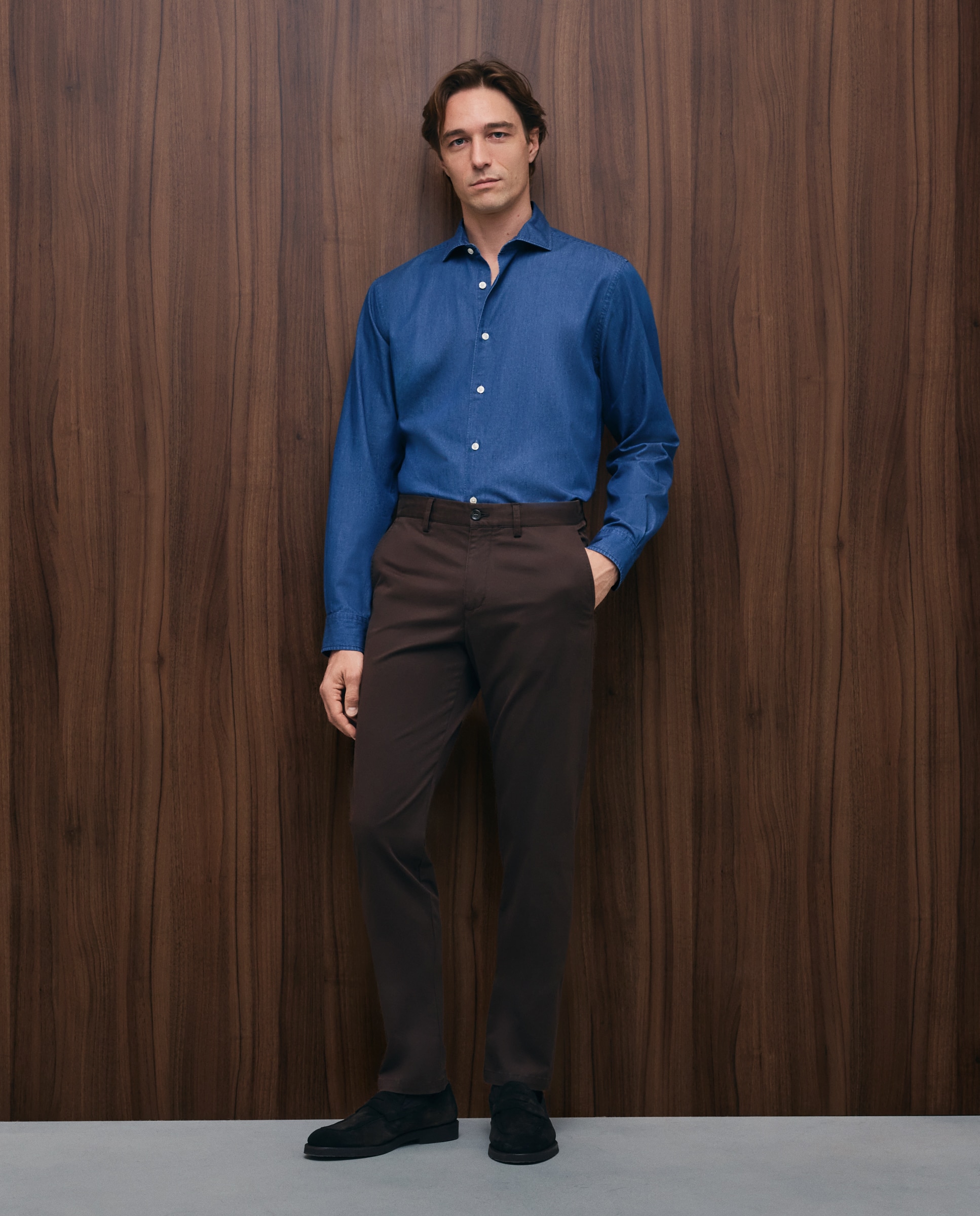 Camisa Casual de Ganga com Manga Comprida Azul-2