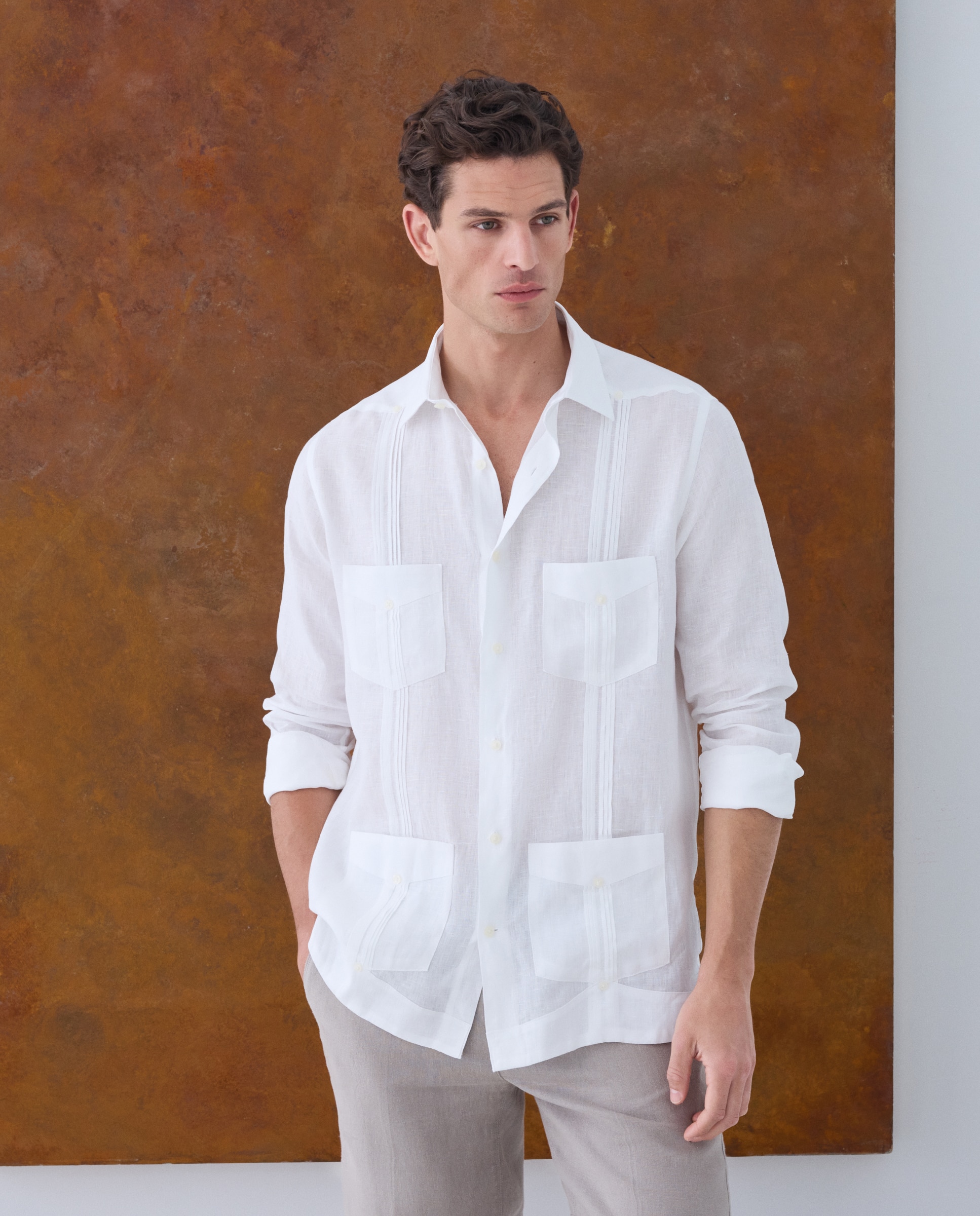 Imagen 1 de Camisa lino de hombre 100% lino tejido Albini - Emidio Tucci - Blanco Blanco