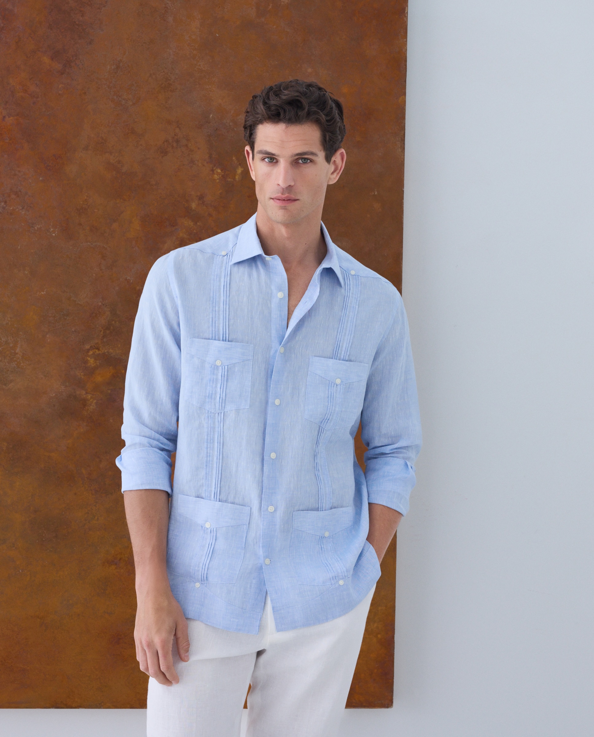 Imagen 1 de Camisa lino de hombre 100% lino tejido Albini - Emidio Tucci - Azul claro Azul claro