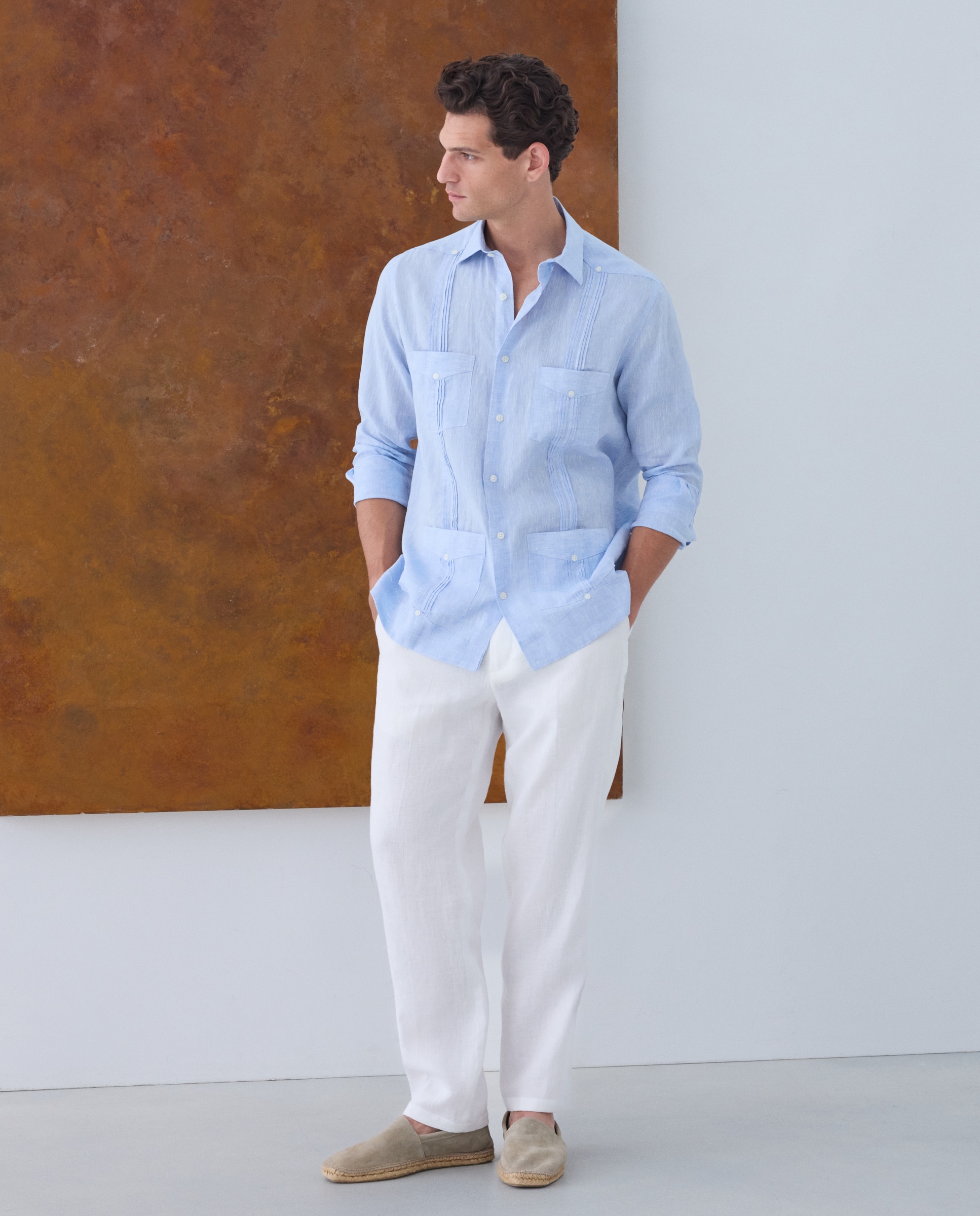 Imagen 2 de Camisa lino de hombre 100% lino tejido Albini - Emidio Tucci - Azul claro Azul claro