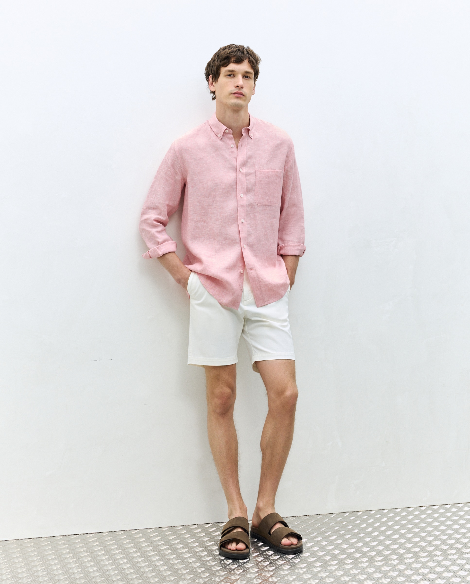 Camisa Casual 100% Linho Classic Fit com Manga Comprida Rosa-pálido-1