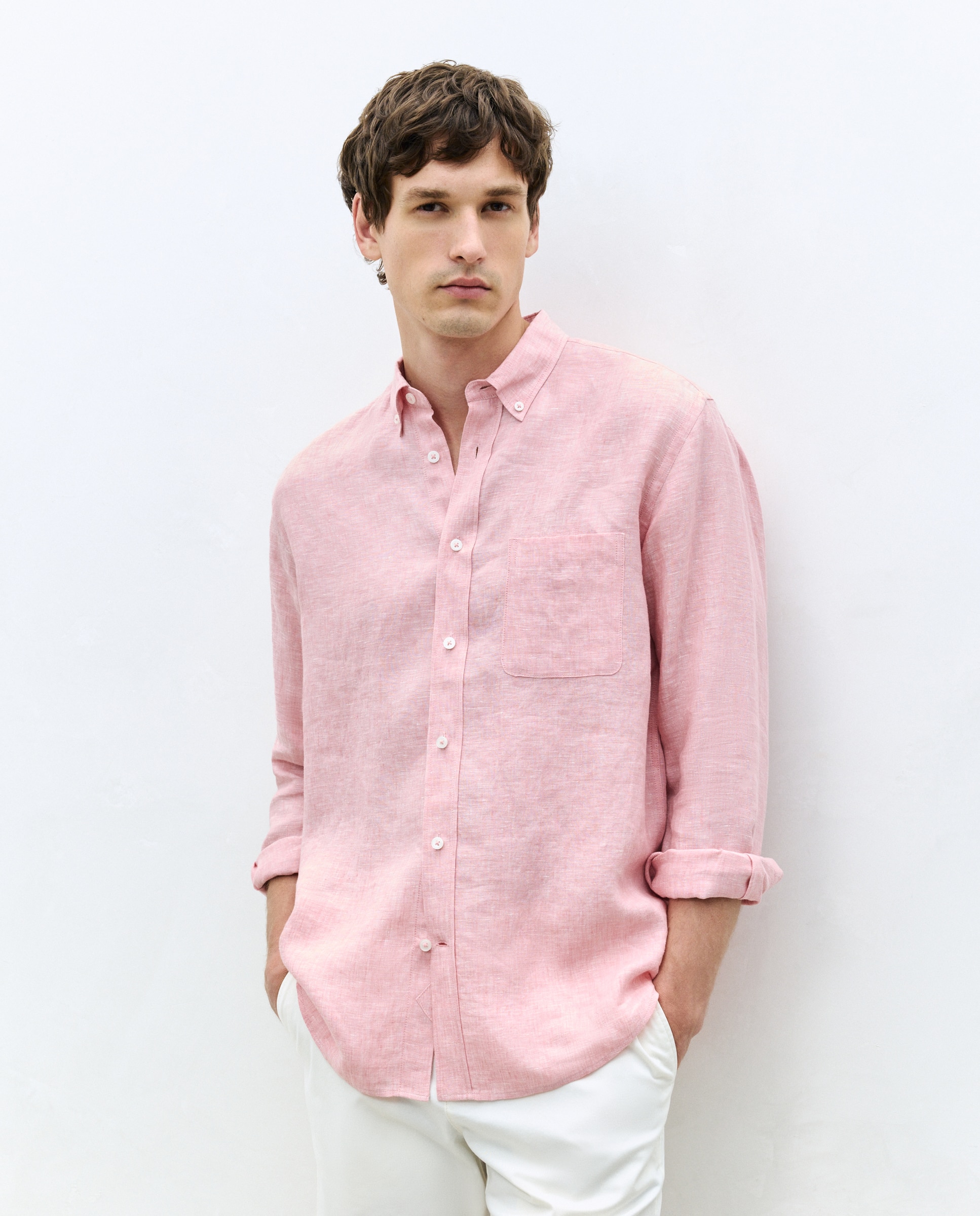 Camisa Casual 100% Linho Classic Fit com Manga Comprida Rosa-pálido-2
