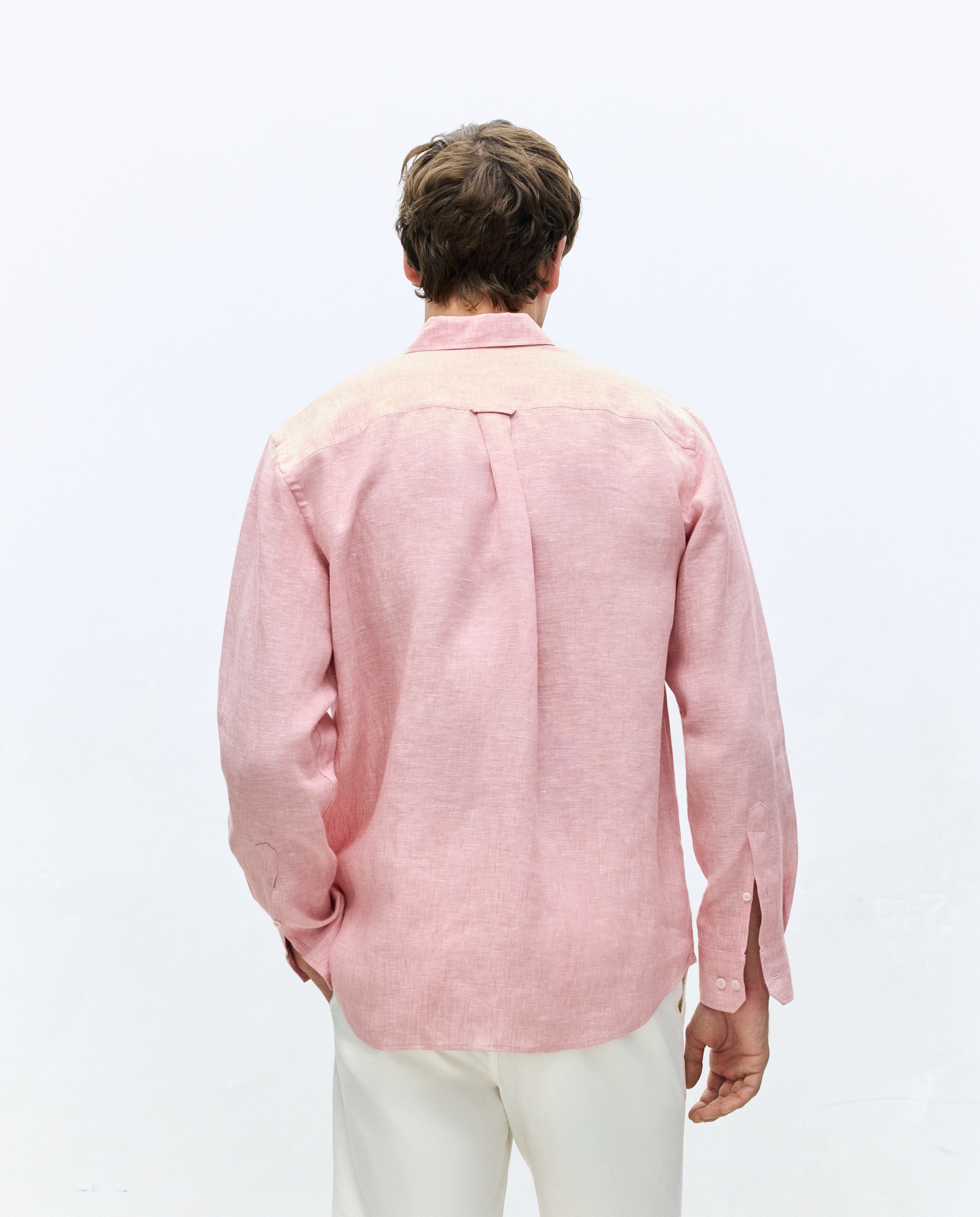 Camisa Casual 100% Linho Classic Fit com Manga Comprida Rosa-pálido-3