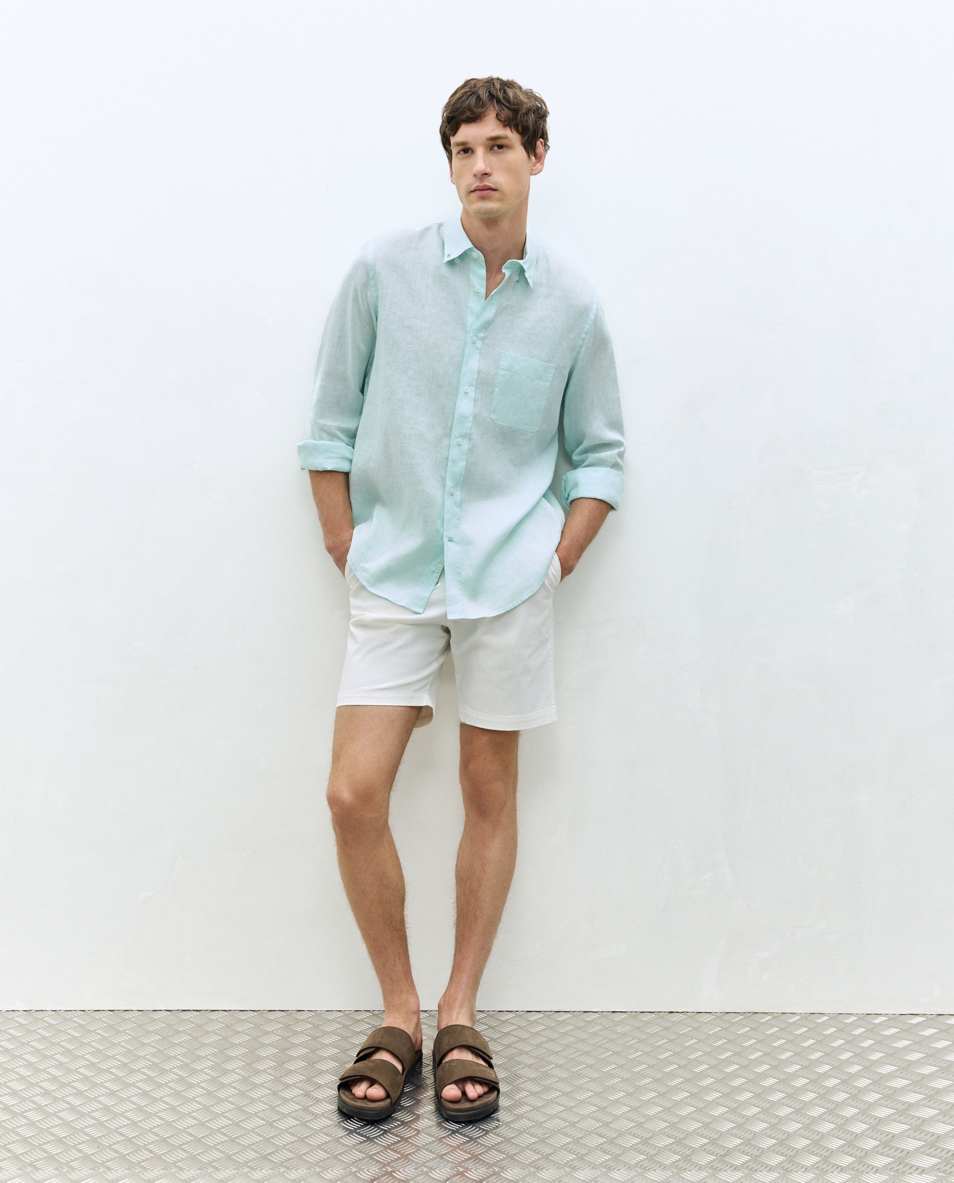 Camisa Casual 100% Linho Classic Fit com Manga Comprida 582 Verde Água-2