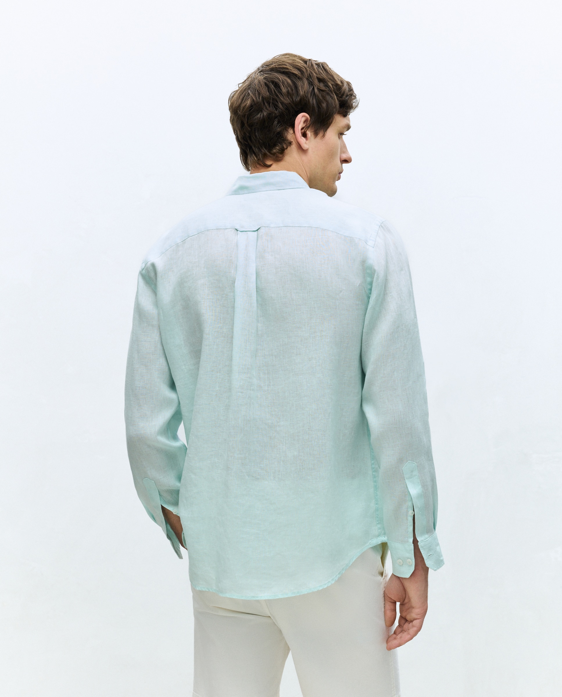 Camisa Casual 100% Linho Classic Fit com Manga Comprida 582 Verde Água-3