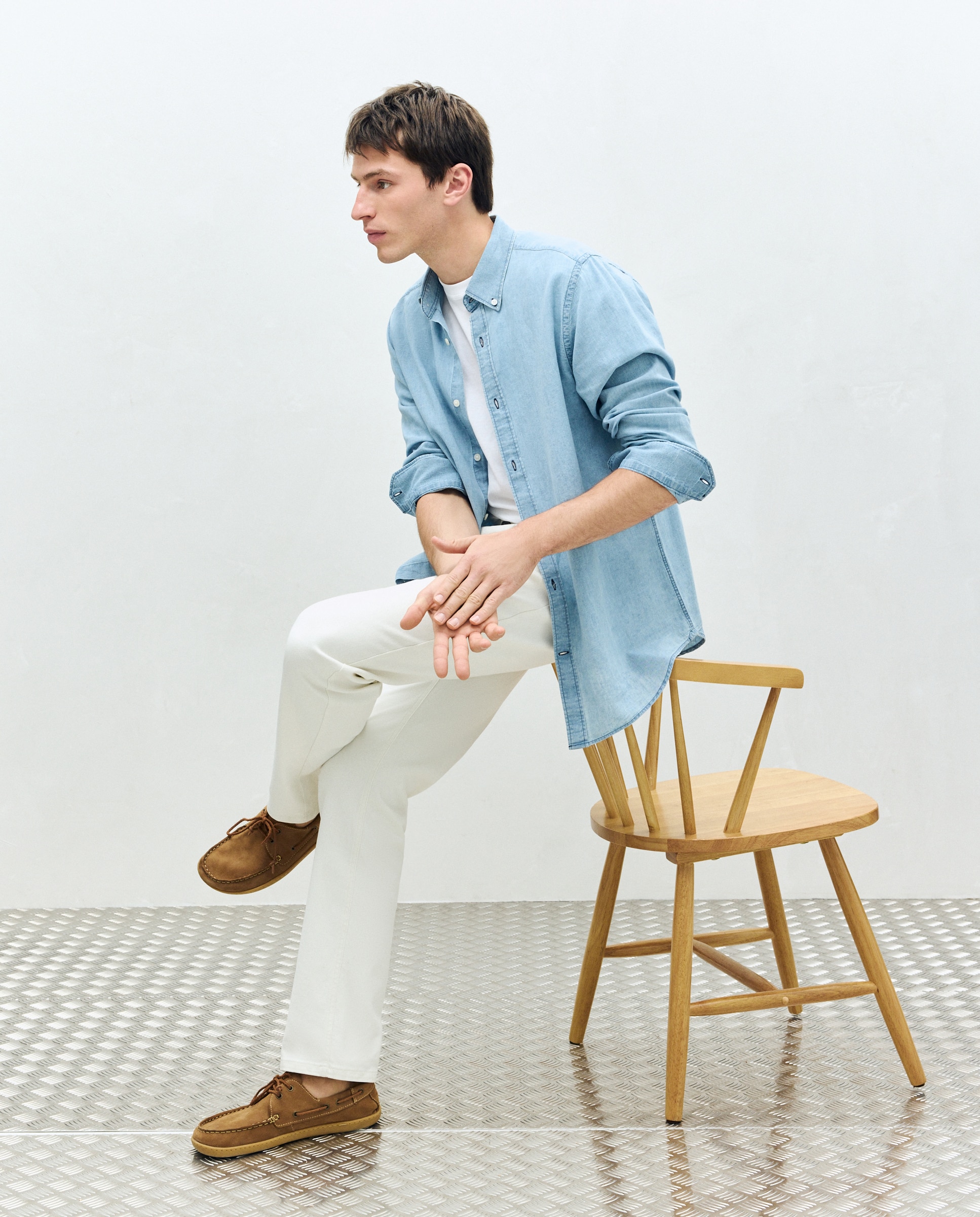 Dustin - Camisa denim look de algodón lino de manga larga de hombre.