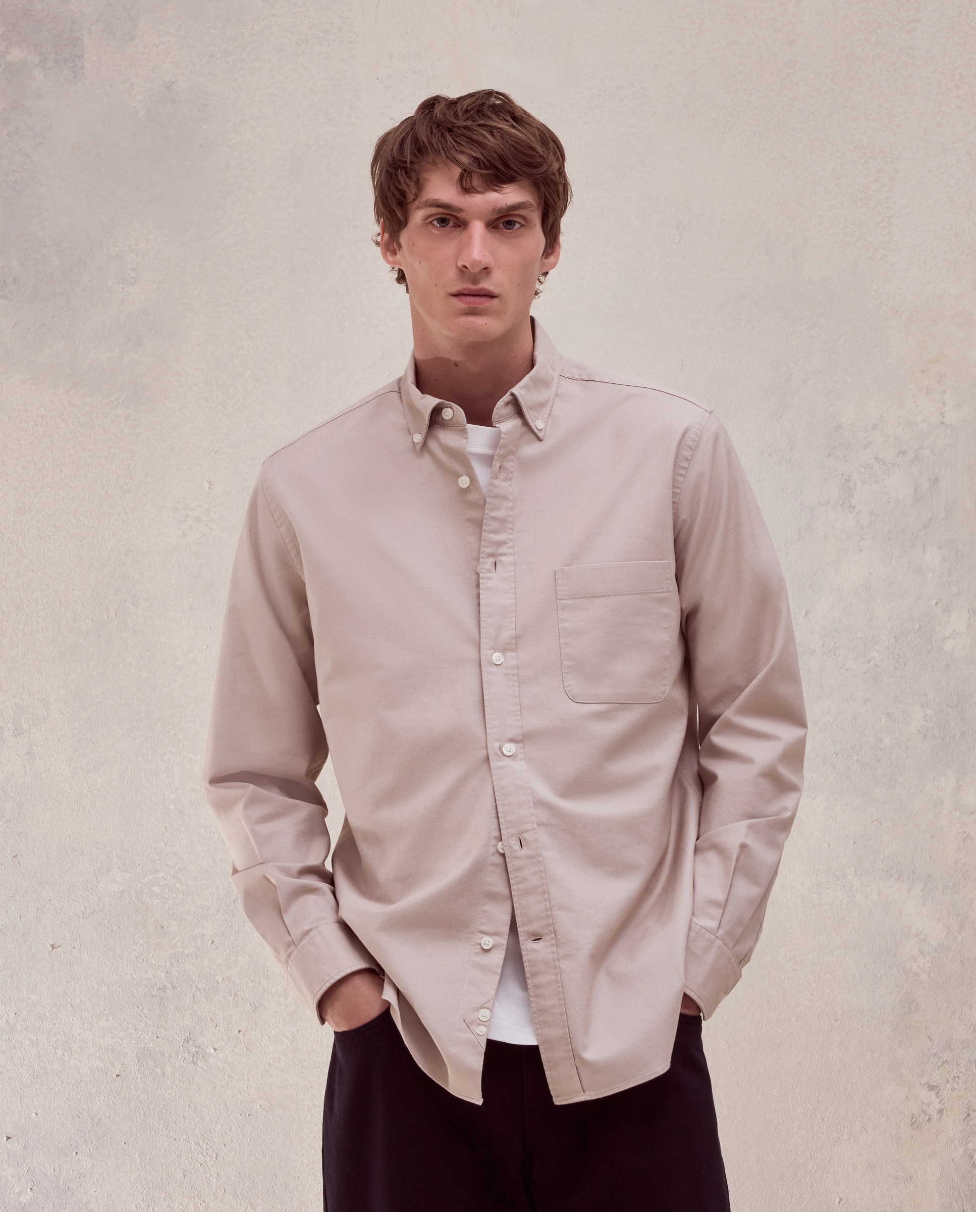 Camisa regular fit de oxford stretch lisa de hombre - Dustin - Beige Beige-2