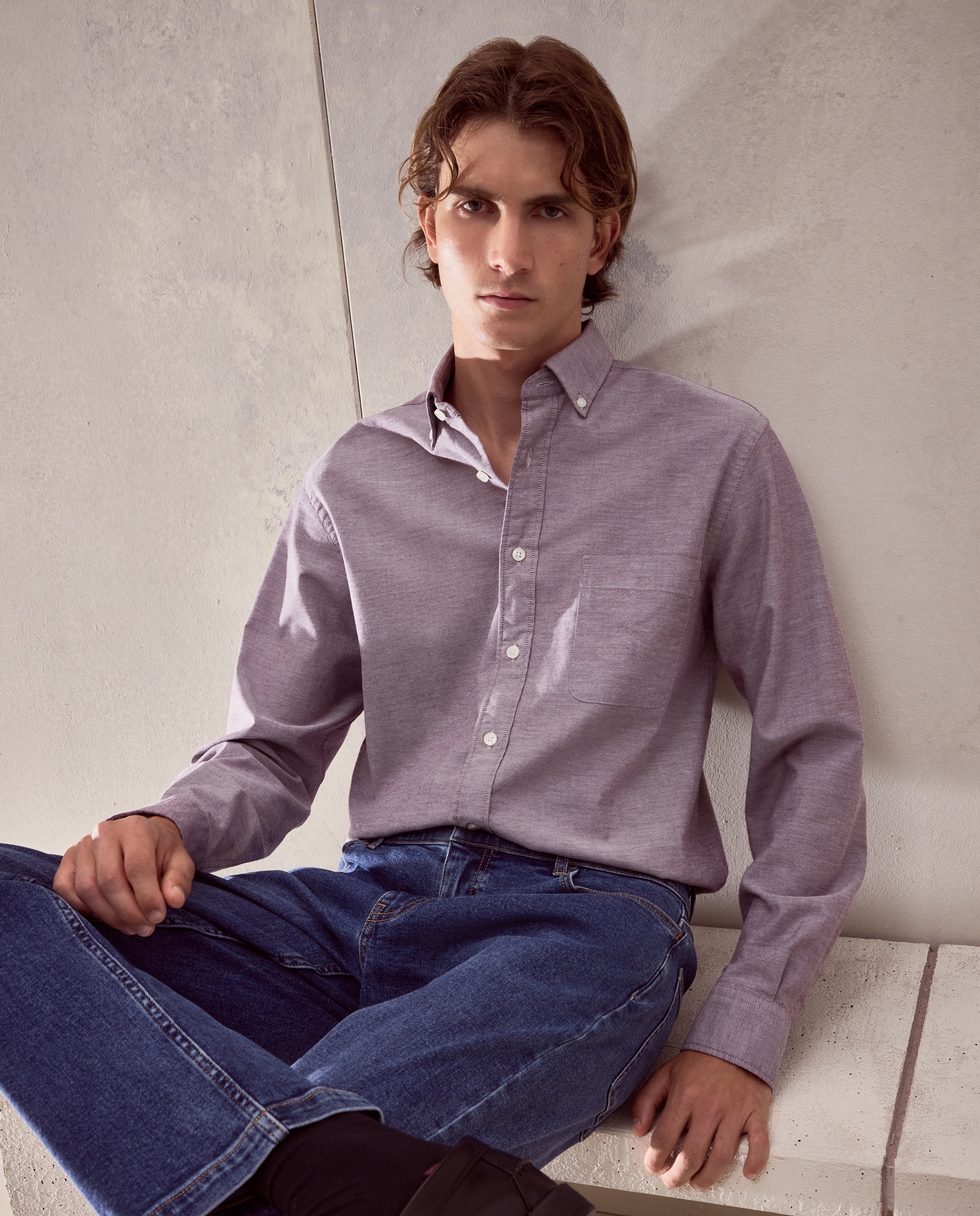 Camisa regular fit de oxford stretch lisa de hombre - Dustin - Burdeos Burdeos-1