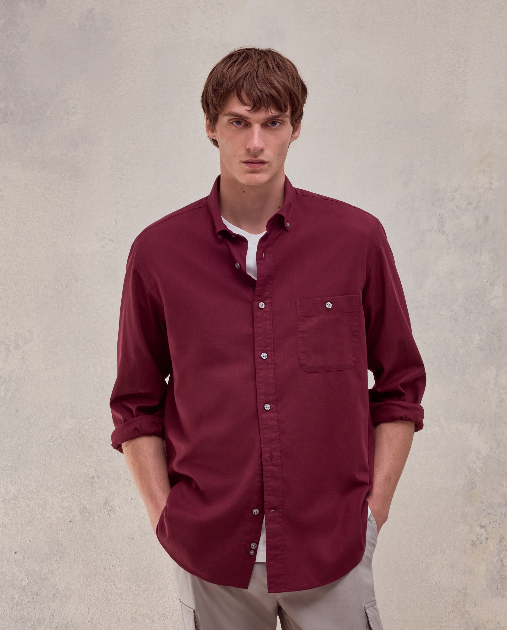 Camisa de twill algodón stretch liso. - Dustin - Burdeos Burdeos-1