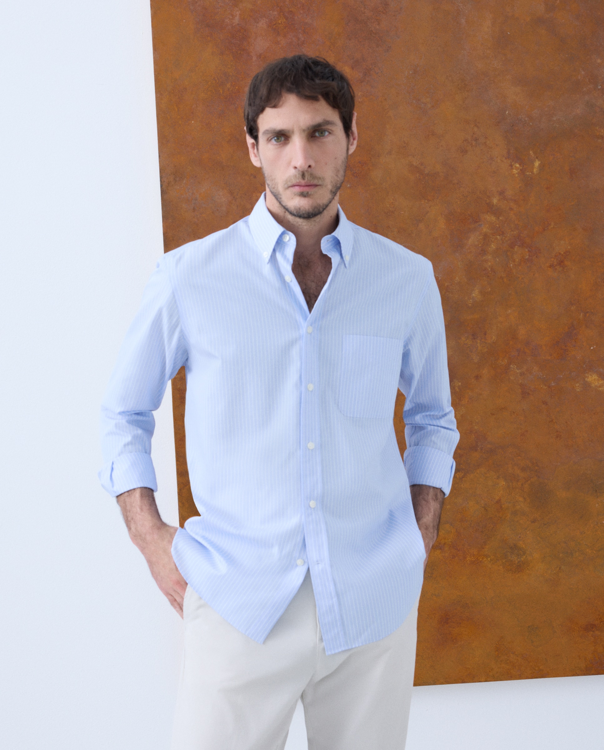 Camisa Casual de Manga Comprida Azul-1