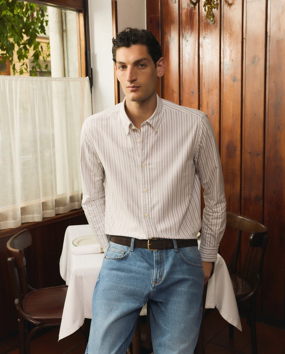 Camisa Casual de Manga Comprida Caqui-1